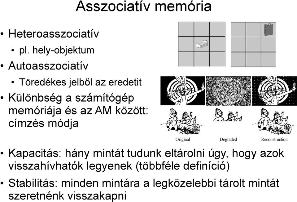 memóriája és az AM között: címzés módja Kapacitás: hány mintát tudunk eltárolni úgy,