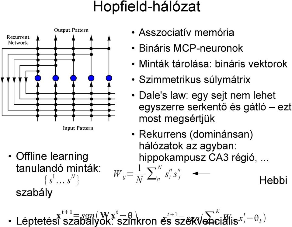 egyszerre serkentő és gátló ezt most megsértjük Rekurrens (dominánsan) hálózatok az agyban: hippokampusz CA3