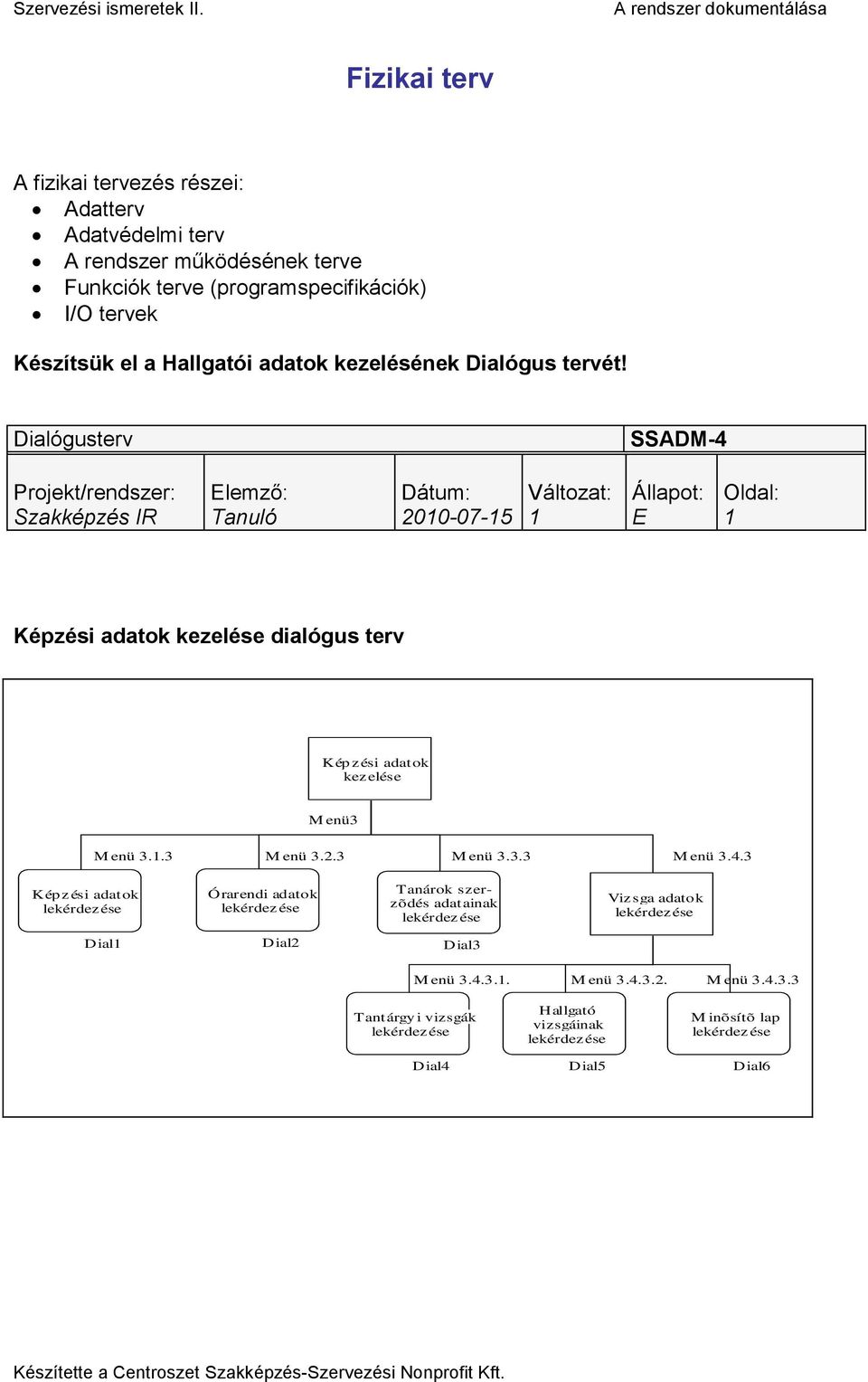 Dialógusterv SSADM-4 Projekt/rendszer: Szakképzés IR Elemző: Tanuló Dátum: 200-07-5 Változat: Állapot: E Oldal: Képzési adatok kezelése dialógus terv Képzési