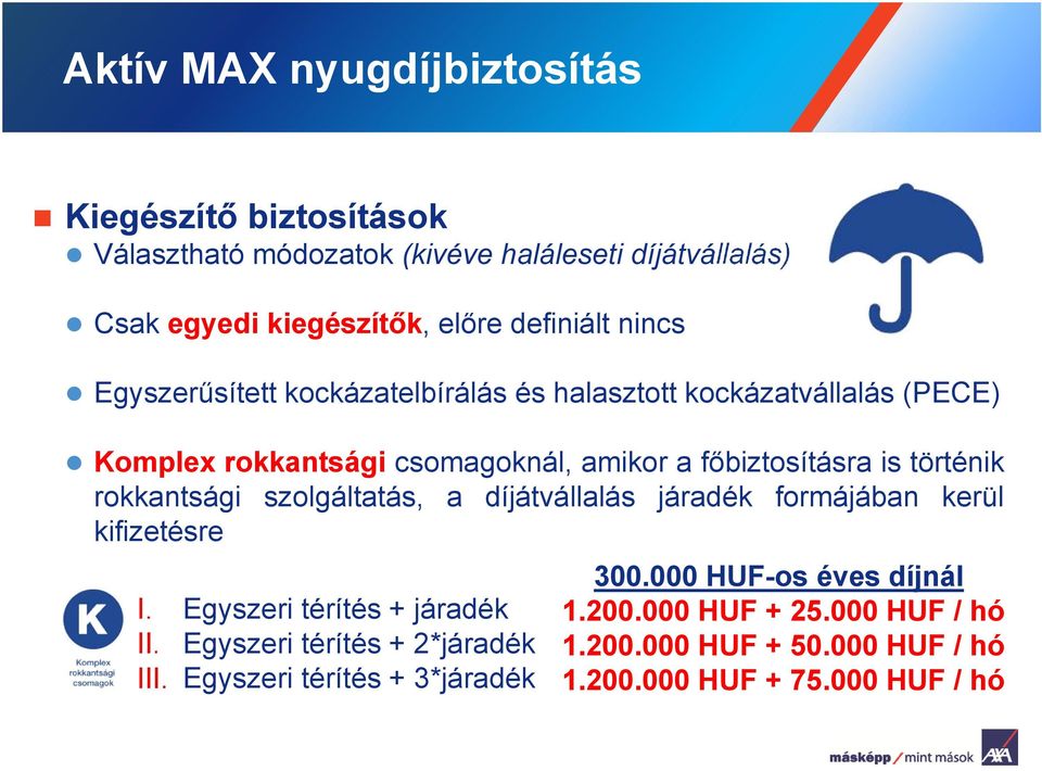 rokkantsági szolgáltatás, a díjátvállalás járadék formájában kerül kifizetésre I. Egyszeri térítés + járadék II. Egyszeri térítés + 2*járadék III.