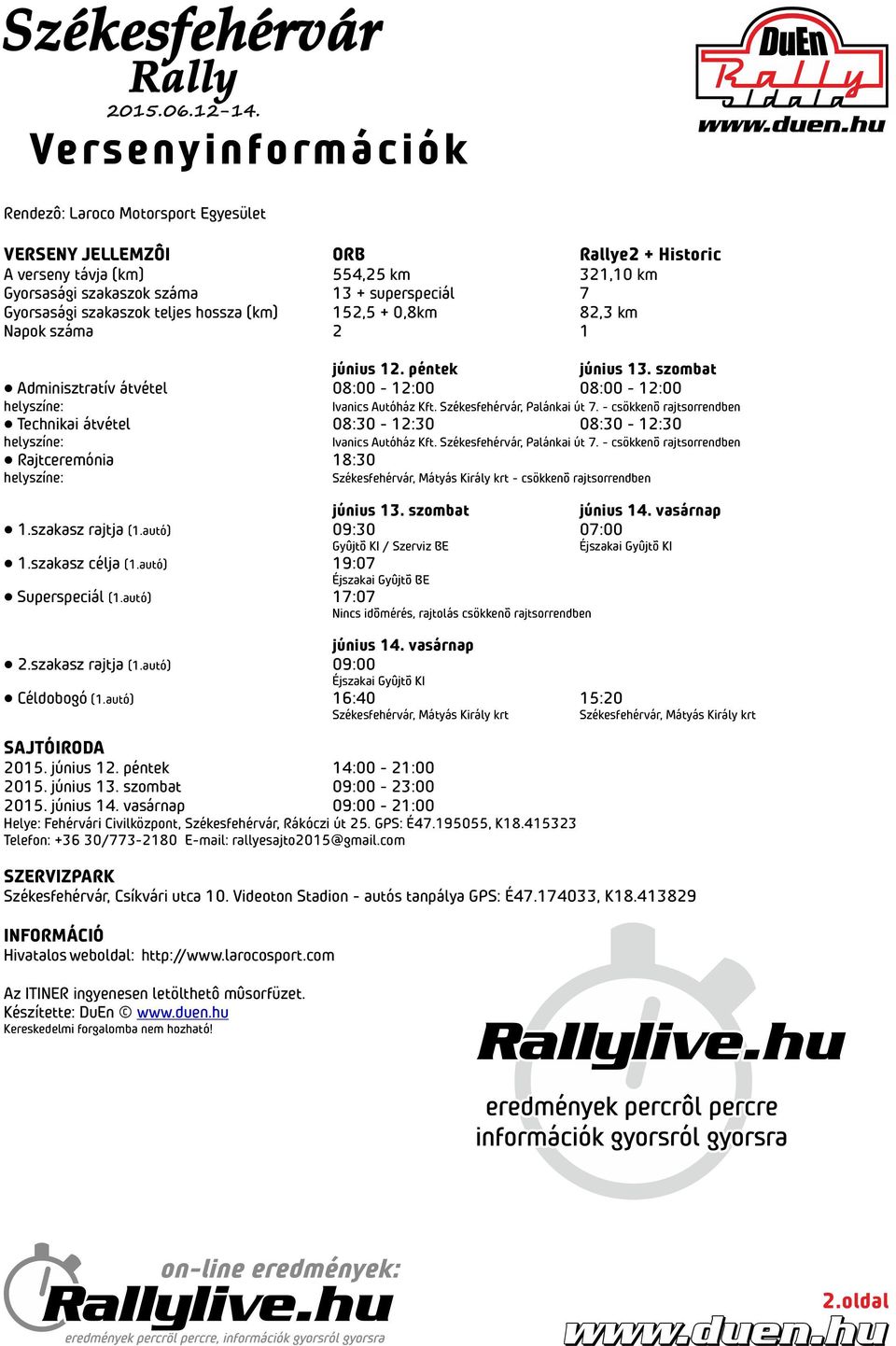 Székesfehérvár, Palánkai út 7. - csökkenõ rajtsorrendben Technikai átvétel 08:30-12:30 08:30-12:30 helyszíne: Ivanics Autóház Kft. Székesfehérvár, Palánkai út 7.