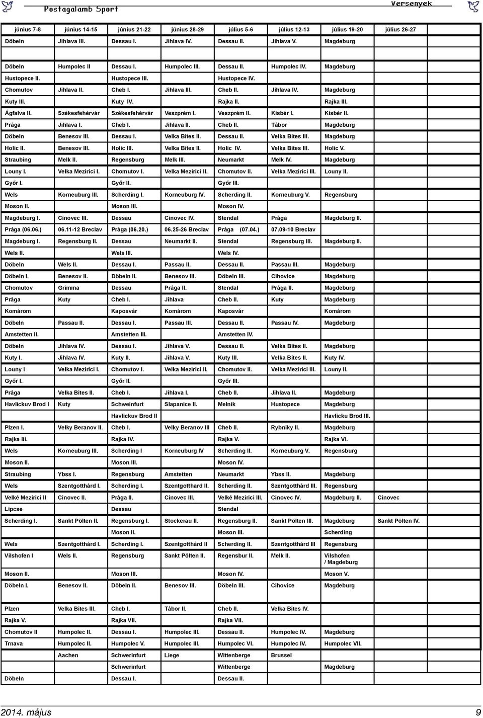 Magdeburg Kuty III. Kuty IV. Rajka II. Rajka III. Ágfalva II. Székesfehérvár Székesfehérvár Veszprém I. Veszprém II. Kisbér I. Kisbér II. Prága Jihlava I. Cheb I. Jihlava II. Cheb II.