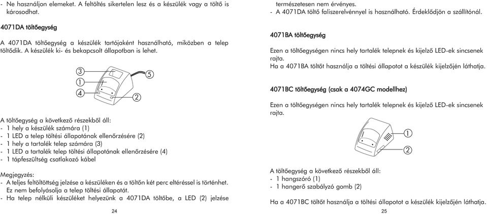 3 1 4 A töltõegység a következõ részekbõl áll: - 1 hely a készülék számára (1) - 1 LED a telep töltési állapotának ellenõrzésére (2) - 1 hely a tartalék telep számára (3) - 1 LED a tartalék telep