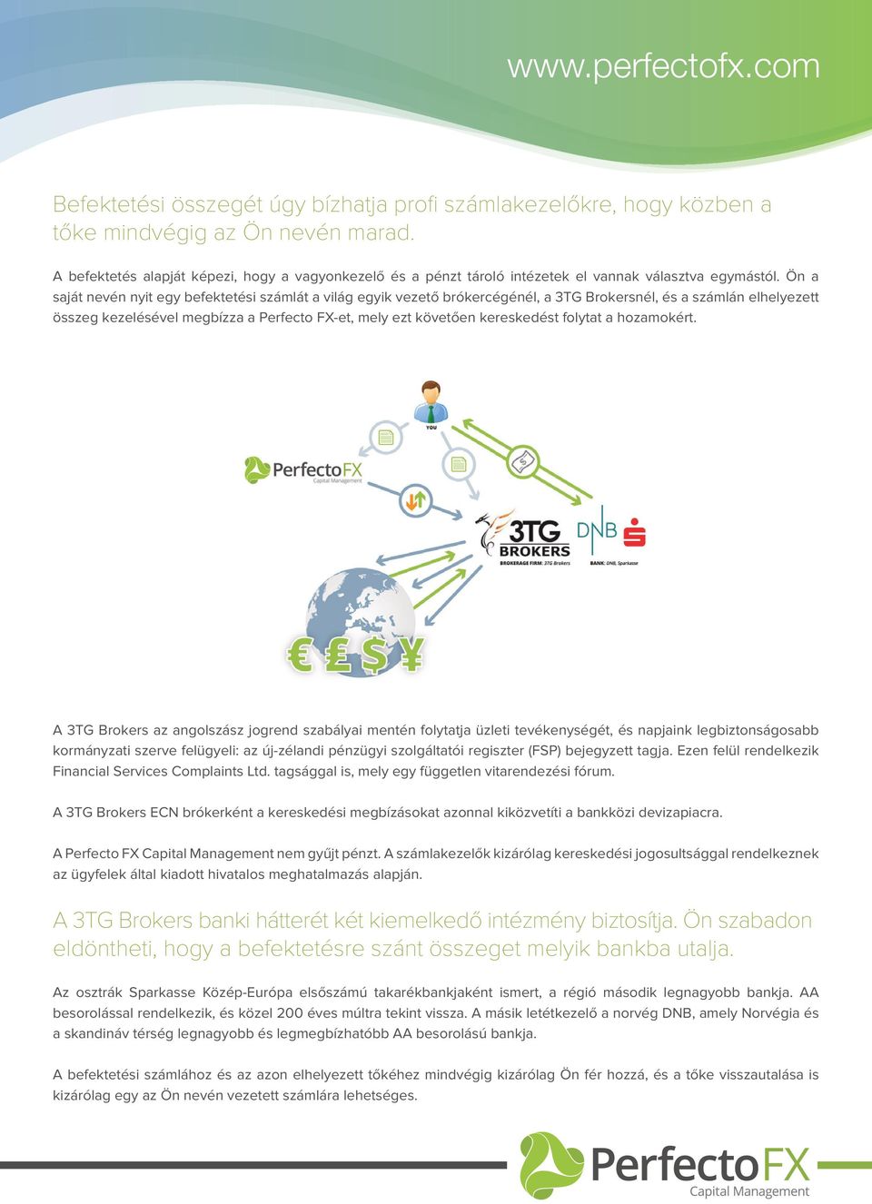 Ön a saját nevén nyit egy befektetési számlát a világ egyik vezető brókercégénél, a 3TG Brokersnél, és a számlán elhelyezett összeg kezelésével megbízza a Perfecto FX-et, mely ezt követően