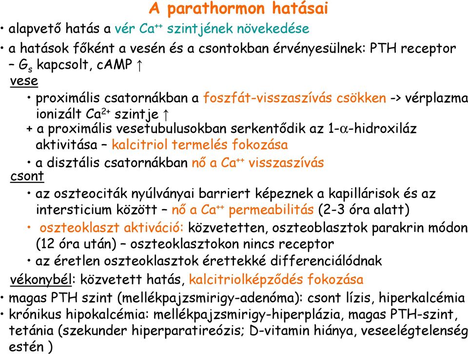 ++ visszaszívás csont az oszteociták nyúlványai barriert képeznek a kapillárisok és az intersticium között nı a Ca ++ permeabilitás (2-3 óra alatt) oszteoklaszt aktiváció: közvetetten, oszteoblasztok