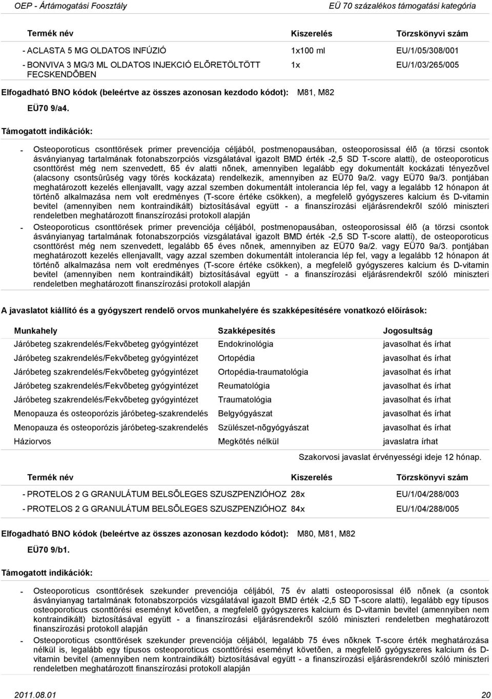 M81, M82 Osteoporoticus csonttörések primer prevenciója céljából, postmenopausában, osteoporosissal élõ (a törzsi csontok ásványianyag tartalmának fotonabszorpciós vizsgálatával igazolt BMD érték 2,5