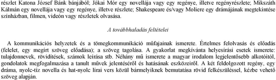 Értelmes felolvasás és elıadás (felelet, egy megírt szöveg elıadása); a szöveg tagolása. A gyakorlat megkívánta helyesírási esetek ismerete: tulajdonnevek, rövidítések, számok leírása stb.