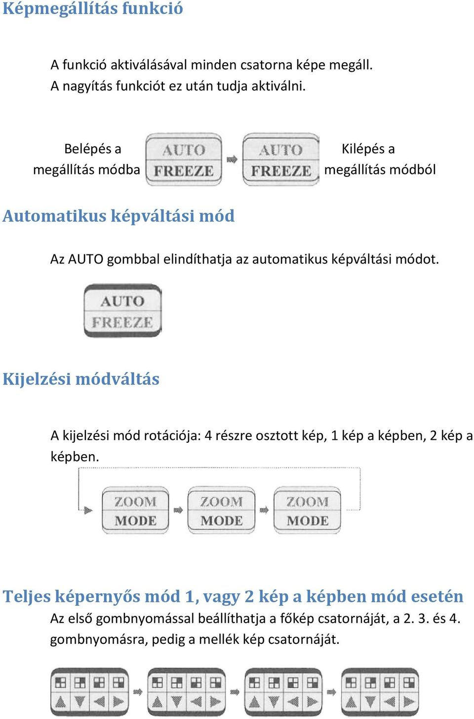 képváltási módot. Kijelzési módváltás A kijelzési mód rotációja: 4 részre osztott kép, 1 kép a képben, 2 kép a képben.