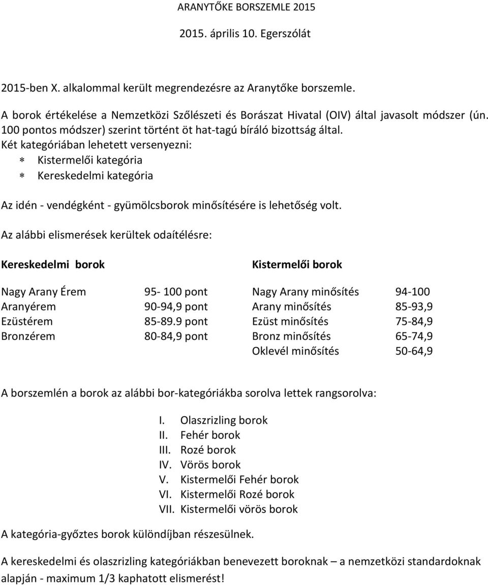 Két kategóriában lehetett versenyezni: Kistermelői kategória Kereskedelmi kategória Az idén - vendégként - gyümölcsborok minősítésére is lehetőség volt.