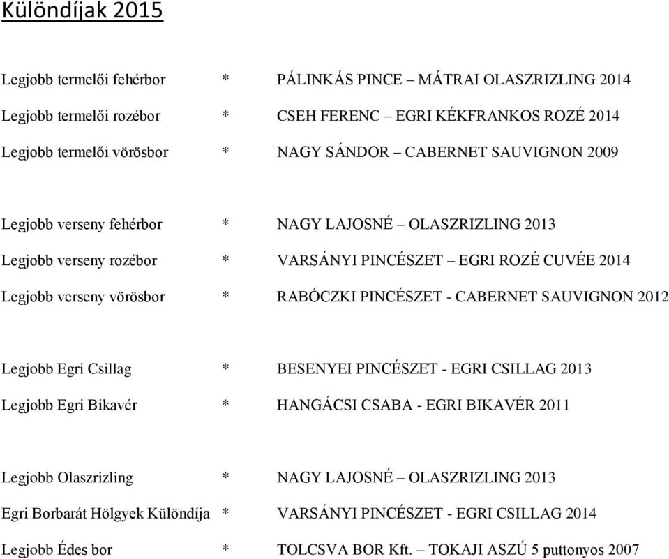 vörösbor * RABÓCZKI PINCÉSZET - CABERNET SAUVIGNON 2012 Legjobb Egri Csillag * BESENYEI PINCÉSZET - EGRI CSILLAG 2013 Legjobb Egri Bikavér * HANGÁCSI CSABA - EGRI BIKAVÉR 2011