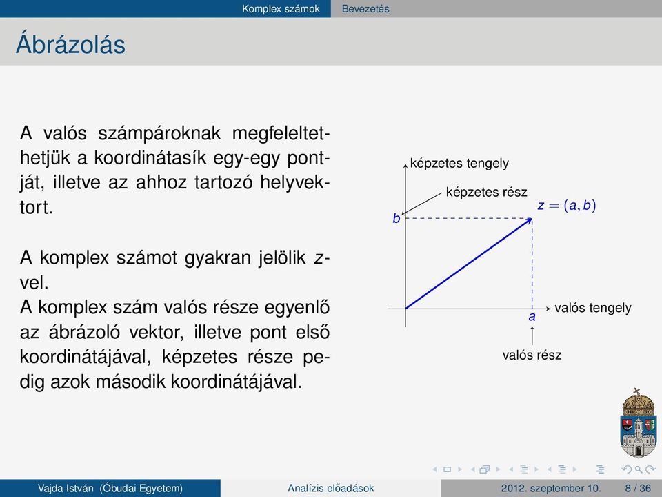 A komplex szám valós része egyenlo az ábrázoló vektor, illetve pont elso koordinátájával,