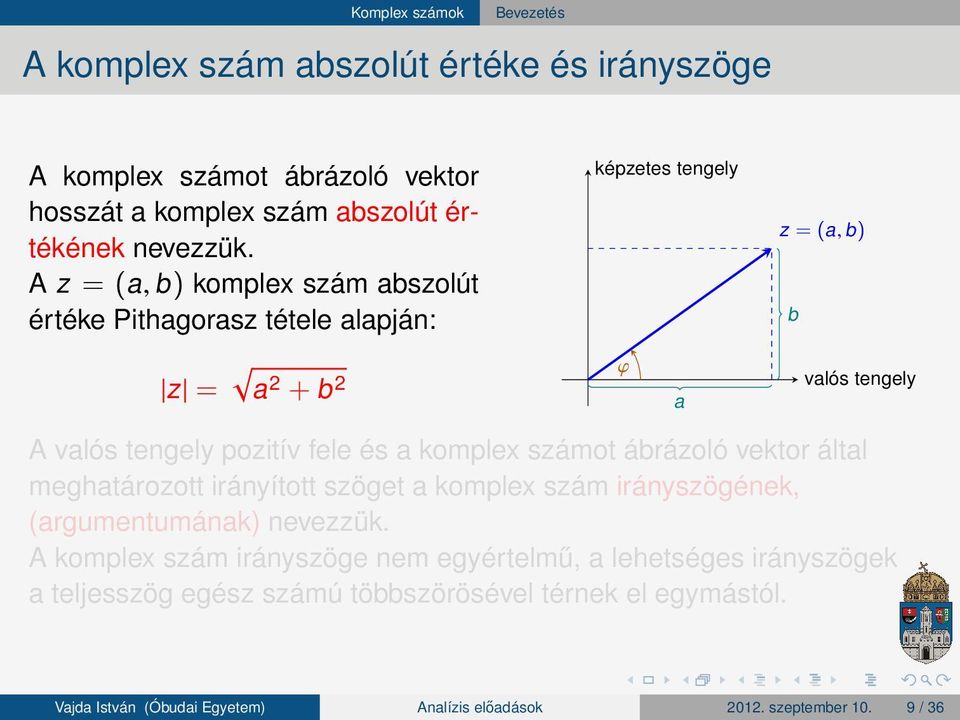 tengely pozitív fele és a komplex számot ábrázoló vektor által meghatározott irányított szöget a komplex szám irányszögének,