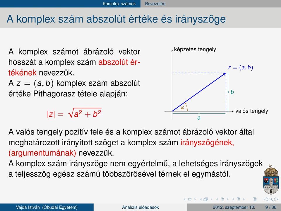 tengely pozitív fele és a komplex számot ábrázoló vektor által meghatározott irányított szöget a komplex szám irányszögének,