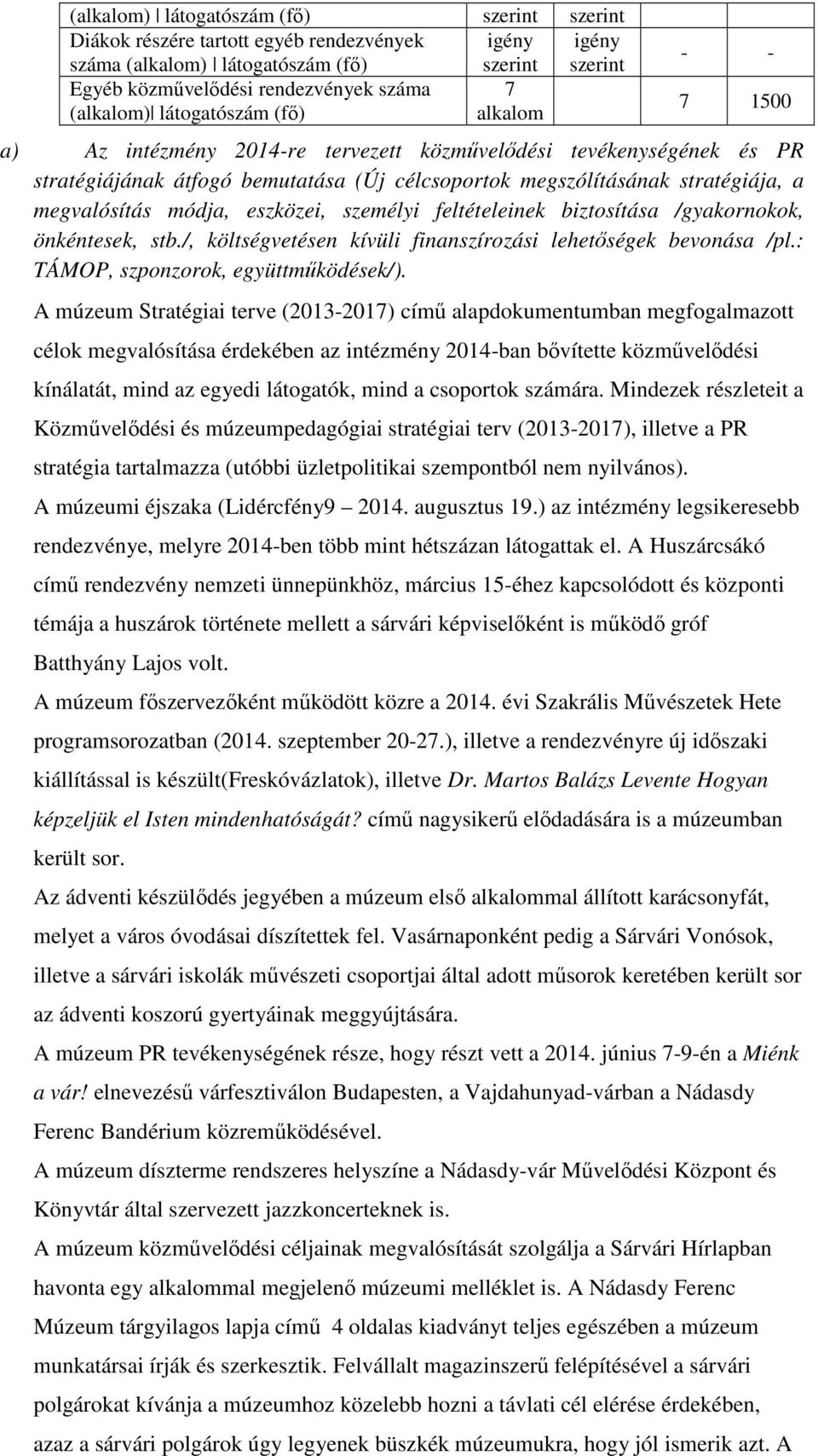 megvalósítás módja, eszközei, személyi feltételeinek biztosítása /gyakornokok, önkéntesek, stb./, költségvetésen kívüli finanszírozási lehetőségek bevonása /pl.: TÁMOP, szponzorok, együttműködések/).