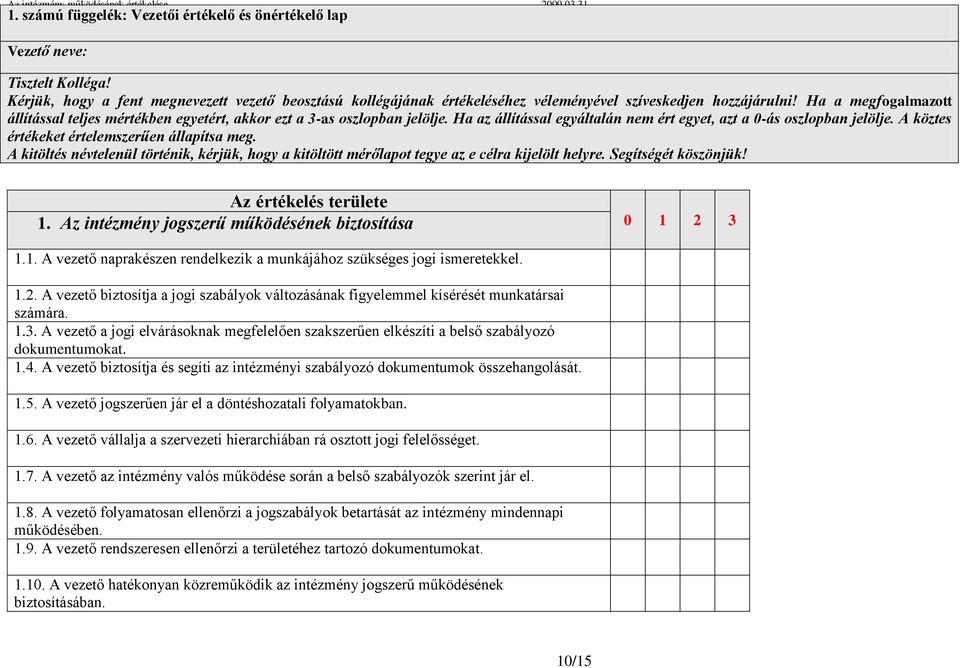 A köztes értékeket értelemszerűen állapítsa meg. A kitöltés névtelenül történik, kérjük, hogy a kitöltött mérőlapot tegye az e célra kijelölt helyre. Segítségét köszönjük! Az értékelés területe 1.