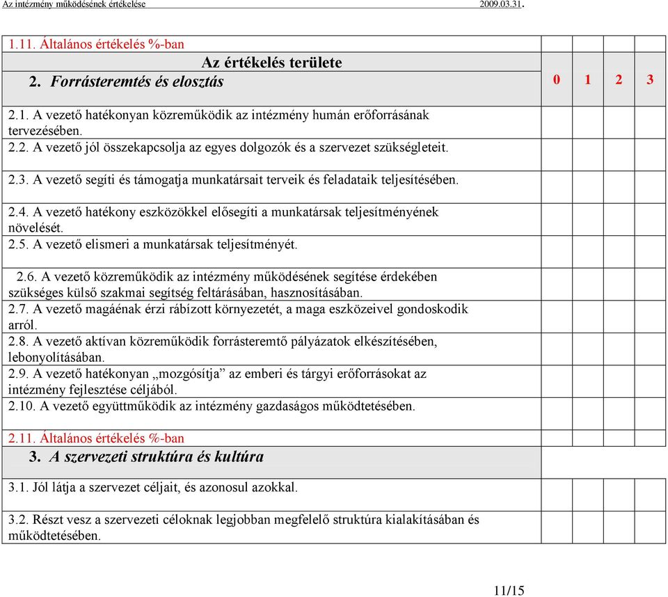 A vezető elismeri a munkatársak teljesítményét. 2.6. A vezető közreműködik az intézmény működésének segítése érdekében szükséges külső szakmai segítség feltárásában, hasznosításában. 2.7.