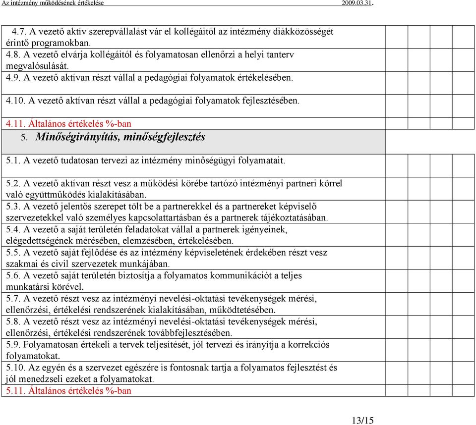 Minőségirányítás, minőségfejlesztés 5.1. A vezető tudatosan tervezi az intézmény minőségügyi folyamatait. 5.2.