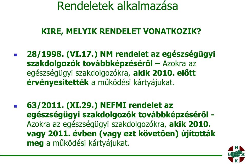 előtt érvényesítették a működési kártyájukat. 63/2011. (XI.29.