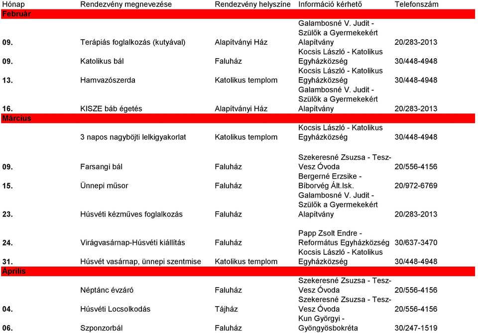 KISZE báb égetés Alapítványi Ház Március 3 napos nagyböjti lelkigyakorlat Katolikus templom 09. Farsangi bál 15. Ünnepi műsor 23.