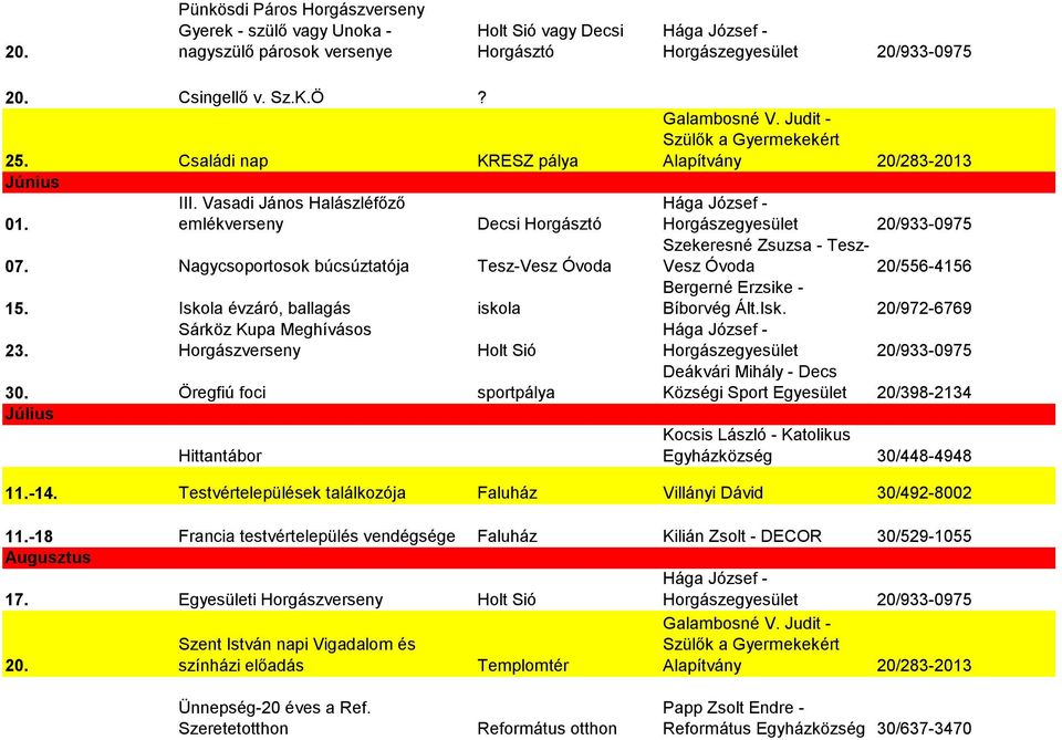 Horgászverseny Holt Sió 30. Öregfiú foci sportpálya Július Hittantábor 11.-14. Testvértelepülések találkozója Villányi Dávid 30/492-8002 11.