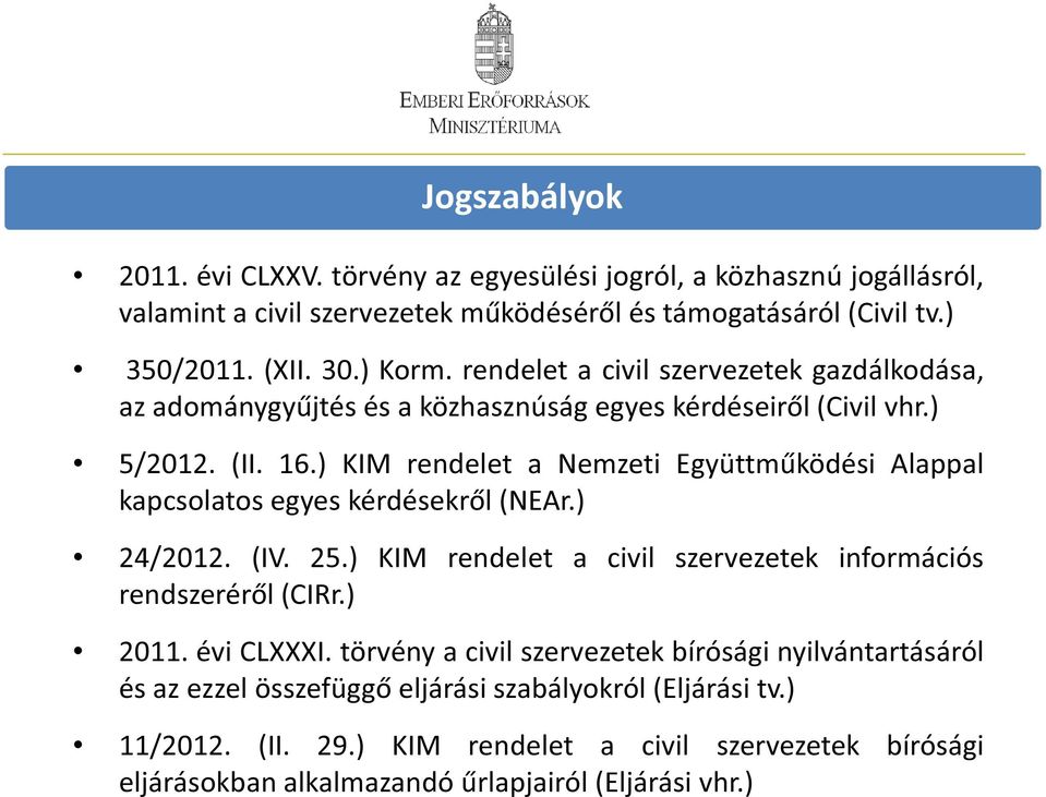 ) KIM rendelet a Nemzeti Együttműködési Alappal kapcsolatos egyes kérdésekről (NEAr.) 24/2012. (IV. 25.) KIM rendelet a civil szervezetek információs rendszeréről (CIRr.) 2011.