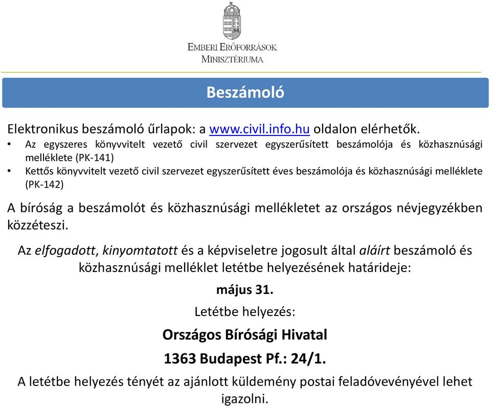 beszámolója és közhasznúsági melléklete (PK-142) A bíróság a beszámolót és közhasznúsági mellékletet az országos névjegyzékben közzéteszi.