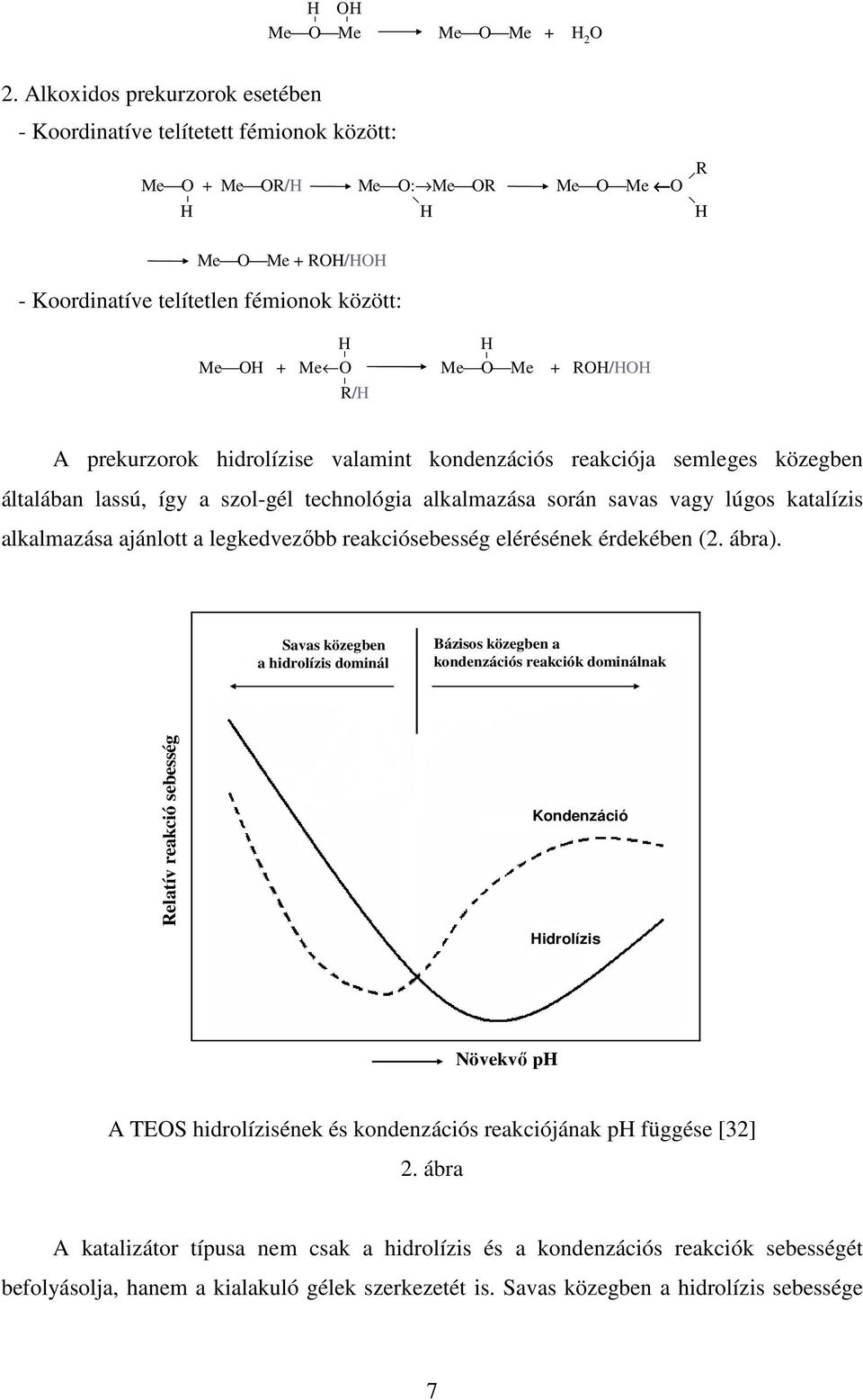 O Me + ROH/HOH R/H A prekurzorok hidrolízise valamint kondenzációs reakciója semleges közegben általában lassú, így a szol-gél technológia alkalmazása során savas vagy lúgos katalízis alkalmazása