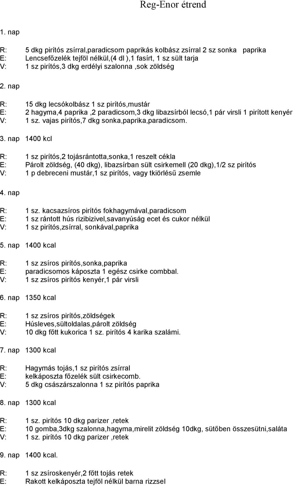 2. nap R: 15 dkg lecsókolbász 1 sz pirítós,mustár E: 2 hagyma,4 paprika,2 paradicsom,3 dkg libazsírból lecsó,1 pár virsli 1 pirított kenyér V: 1 sz. vajas pirítós,7 dkg sonka,paprika,paradicsom. 3.