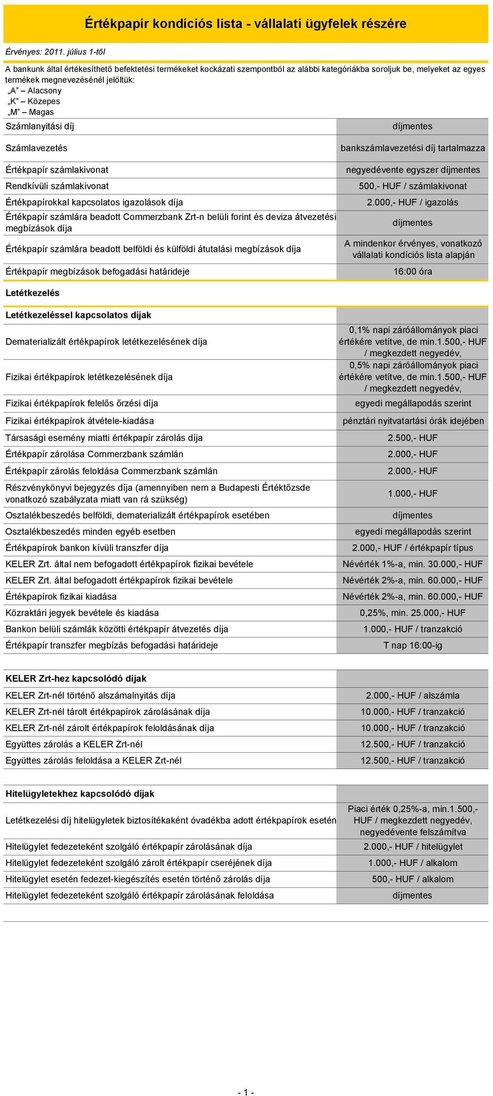 díja Értékpapír számlára beadott belföldi és külföldi átutalási megbízások díja Értékpapír megbízások befogadási határideje bankszámlavezetési díj tartalmazza negyedévente egyszer 500,- HUF /