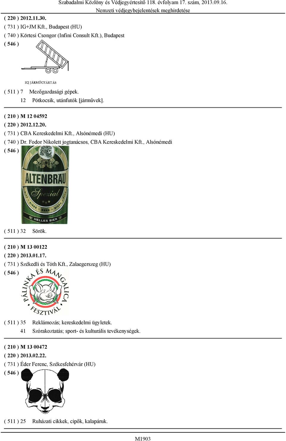 Fodor Nikolett jogtanácsos, CBA Kereskedelmi Kft., Alsónémedi ( 511 ) 32 Sörök. ( 210 ) M 13 00122 ( 220 ) 2013.01.17. ( 731 ) Székedli és Tóth Kft.