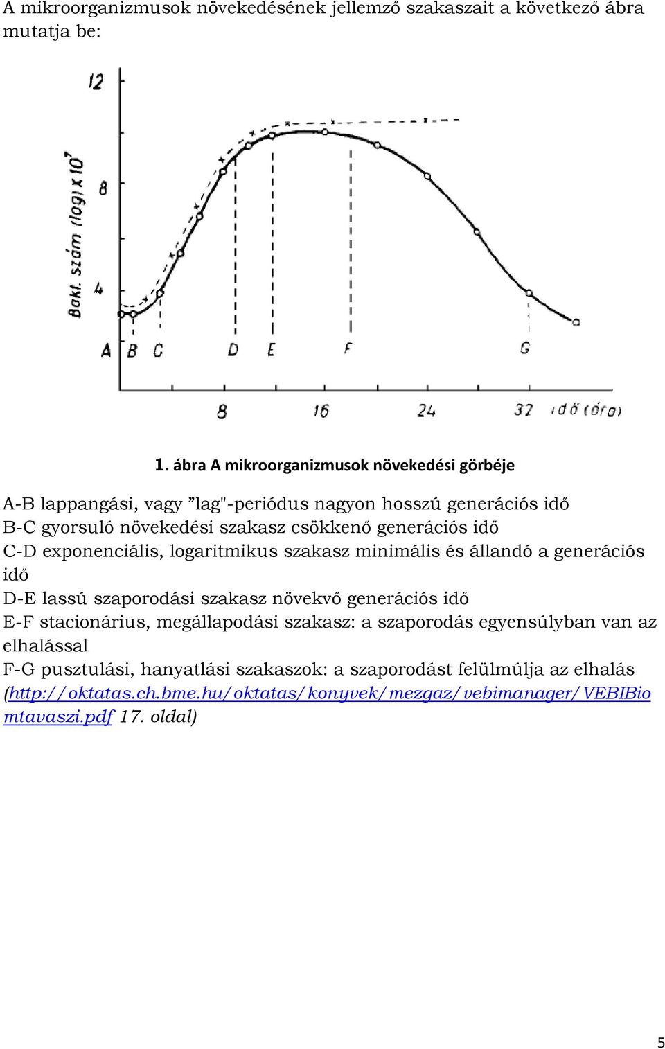 generációs idő C-D exponenciális, logaritmikus szakasz minimális és állandó a generációs idő D-E lassú szaporodási szakasz növekvő generációs idő E-F