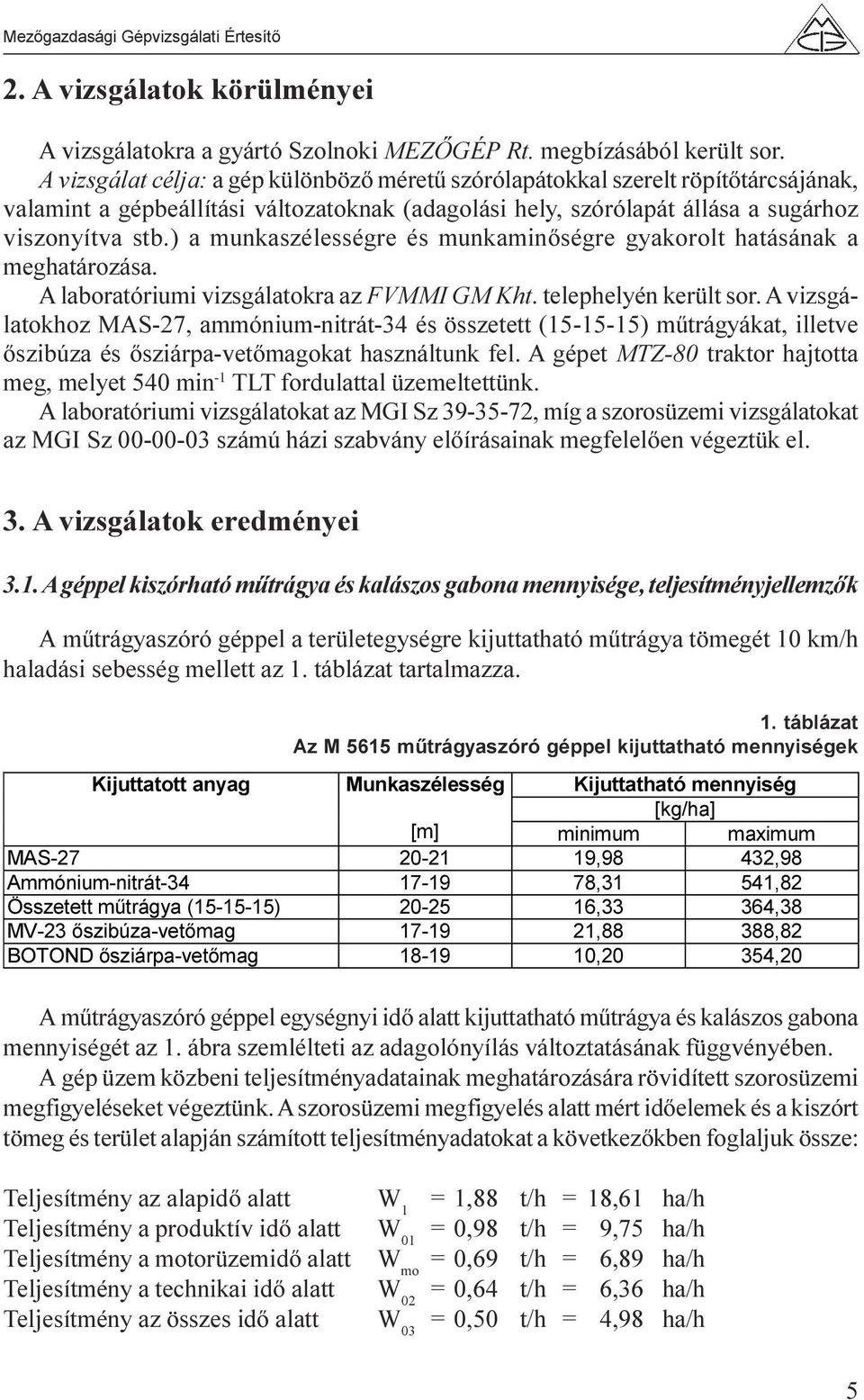 ) a munkaszélességre és munkaminõségre gyakorolt hatásának a meghatározása. A laboratóriumi vizsgálatokra az FVMMI GM Kht. telephelyén került sor.