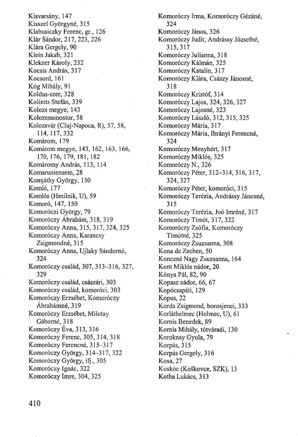 Kolozsmonostor, 58 Kolozsvár (Cluj-Napoca, R), 57, 58, 114, 117,332 Komárom, 179 Komárom megye, 143, 162, 163, 166, 170, 176, 179, 181, 182 Komáromy András, 113, 114 Komaruniensem, 28 Komjáthy