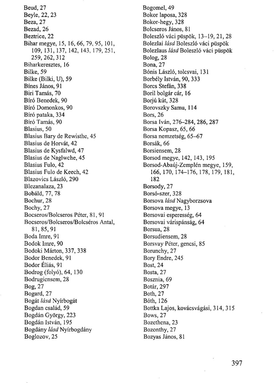 45 Blasius Fulo, 42 Blasius Fulo de Keech, 42 Blazovics László, 290 Blezanalaza, 23 Bobáld, 77, 78 Bochur, 28 Bochy, 27 Bocseros/Bolcseros Péter, 81, 91 Bocseros/Bolcseros/Bolcséros Antal, 81, 85,91
