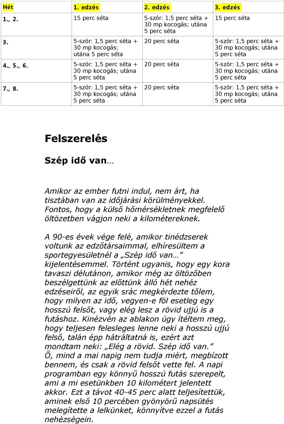 5-ször: 1,5 perc séta + 30 mp kocogás; utána 5 perc séta 15 perc séta 20 perc séta 5-ször: 1,5 perc séta + 30 mp kocogás; utána 5 perc séta 20 perc séta 5-ször: 1,5 perc séta + 30 mp kocogás; utána 5