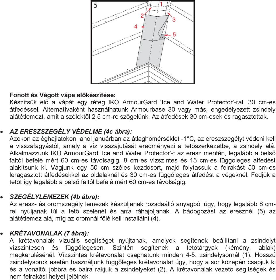 AZ ERESZSZEGÉLY VÉDELME (4c ábra): Azokon az éghajlatokon, ahol januárban az átlaghőmérséklet -1 C, az ereszszegélyt védeni kell a visszafagyástól, amely a víz visszajutását eredményezi a