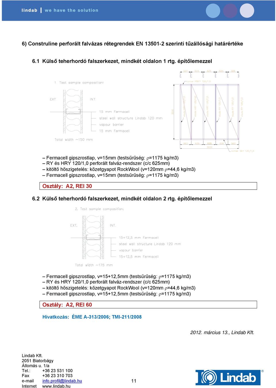 Fermacell gipszrostlap, v=15mm (testsűrűség: ρ=1175 kg/m3) Osztály: A2, REI 30 6.2 Külső teherhordó falszerkezet, mindkét oldalon 2 rtg.