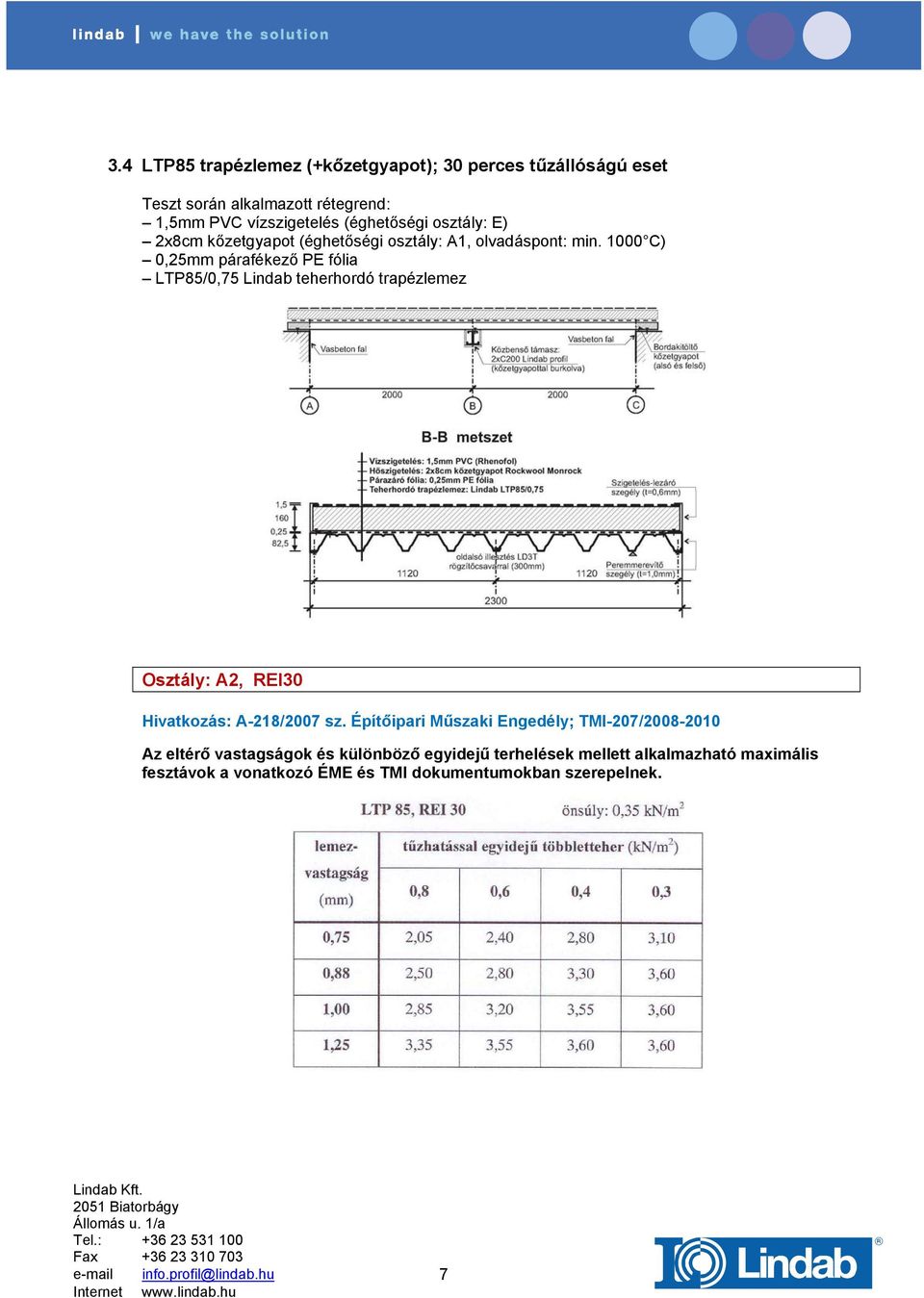 1000 C) 0,25mm párafékező PE fólia LTP85/0,75 Lindab teherhordó trapézlemez Osztály: A2, REI30 Hivatkozás: A-218/2007 sz.