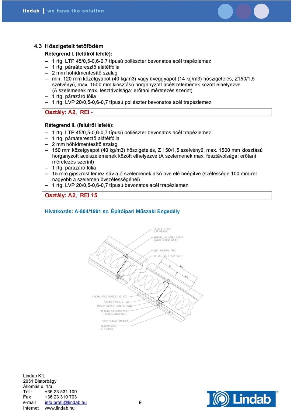 fesztávolsága: erőtani méretezés szerint) 1 rtg. párazáró fólia 1 rtg. LVP 20/0,5-0,6-0,7 típusú poliészter bevonatos acél trapézlemez Osztály: A2, REI - Rétegrend II. (felülről lefelé): 1 rtg.