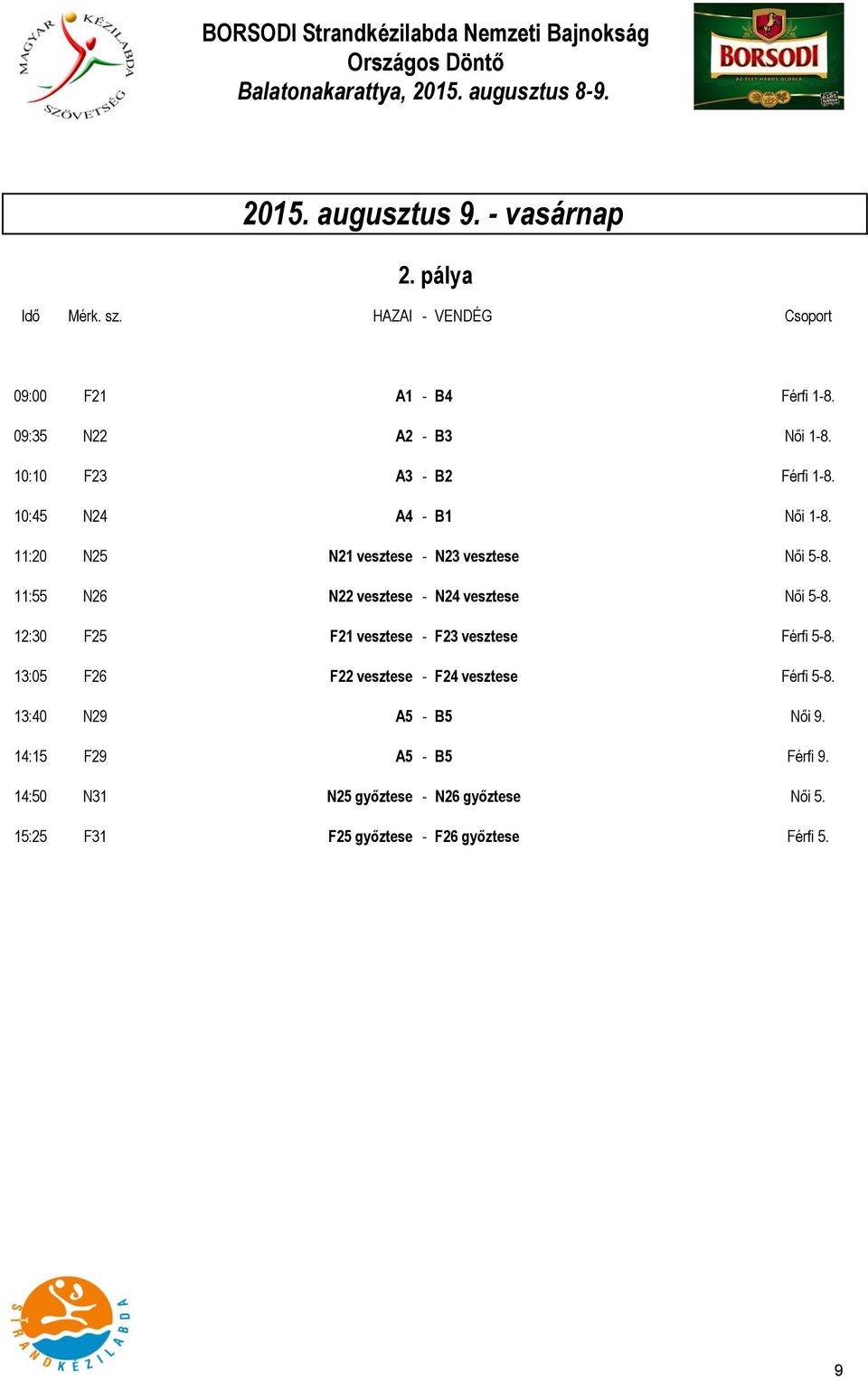 11:55 N26 N22 vesztese - N24 vesztese Női 5-8. 12:30 F25 F21 vesztese - F23 vesztese Férfi 5-8.