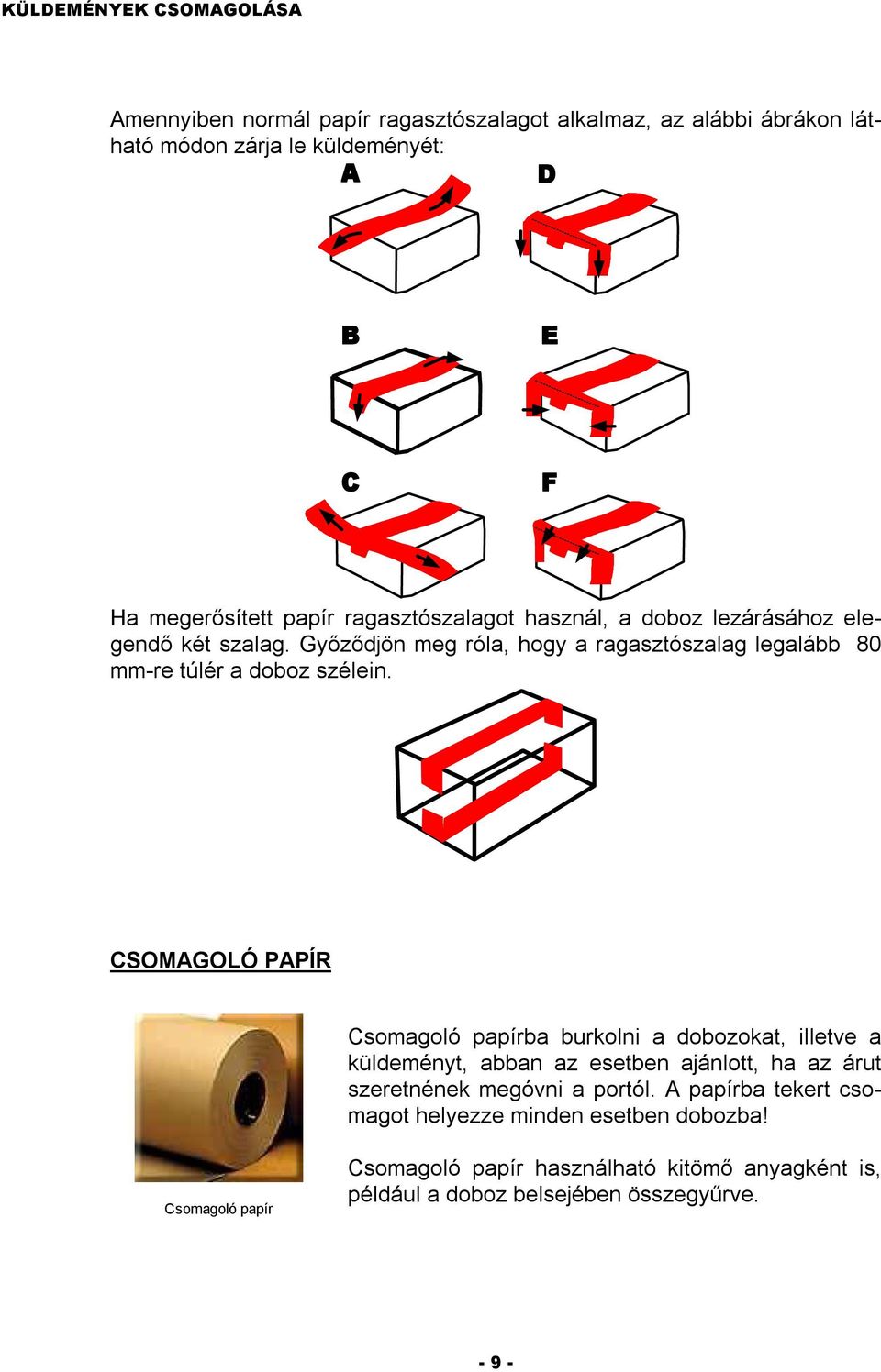 CSOMAGOLÓ PAPÍR Csomagoló papírba burkolni a dobozokat, illetve a küldeményt, abban az esetben ajánlott, ha az árut szeretnének megóvni a portól.