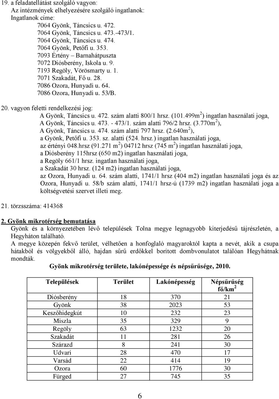 vagyon feletti rendelkezési jog: A Gyönk, Táncsics u. 472. szám alatti 800/1 hrsz. (101.499m 2 ) ingatlan használati joga, A Gyönk, Táncsics u. 473. - 473/1. szám alatti 796/2 hrsz. (3.