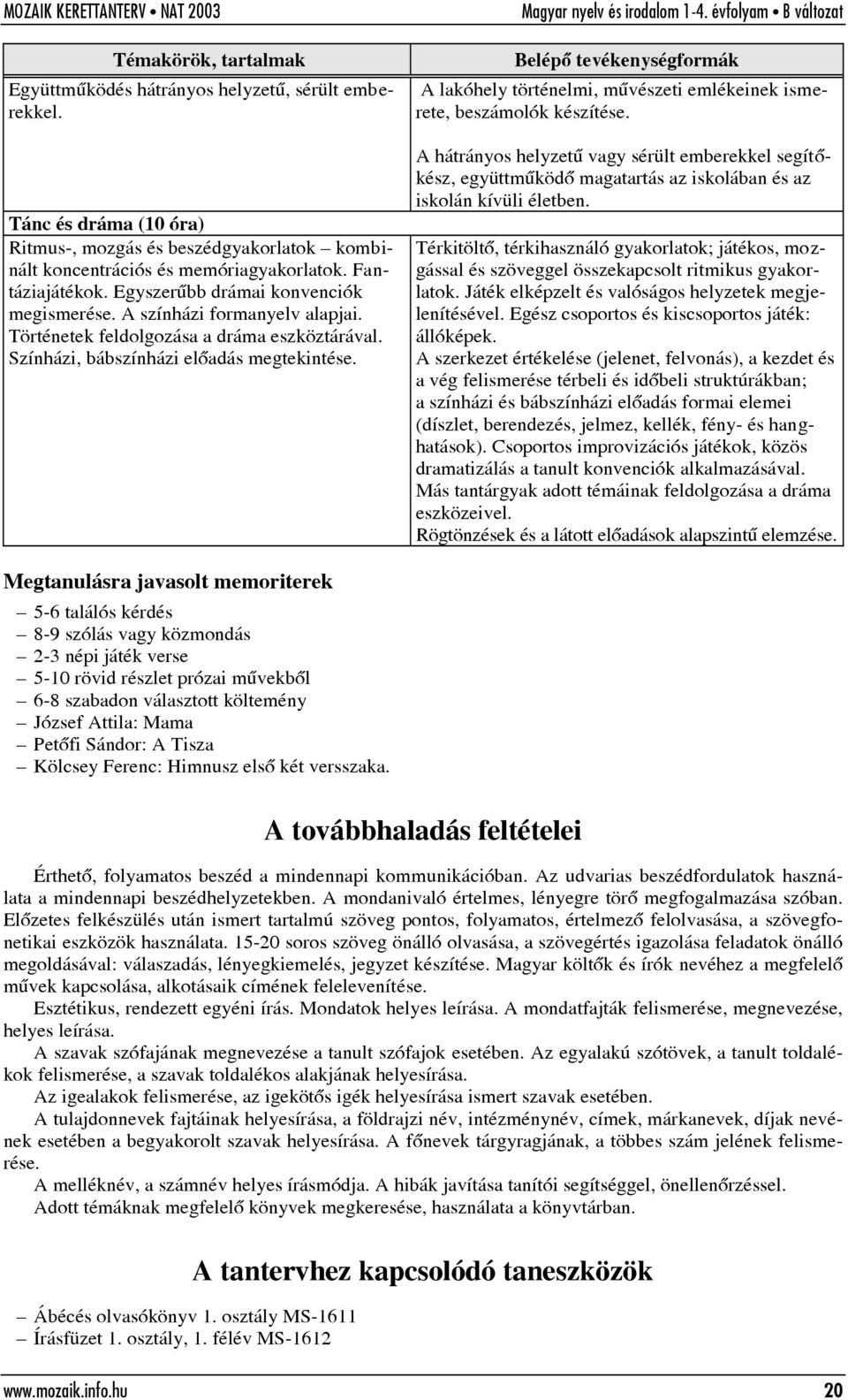 A lakóhely történelmi, mûvészeti emlékeinek ismerete, beszámolók készítése. A hátrányos helyzetû vagy sérült emberekkel segítõkész, együttmûködõ magatartás az iskolában és az iskolán kívüli életben.