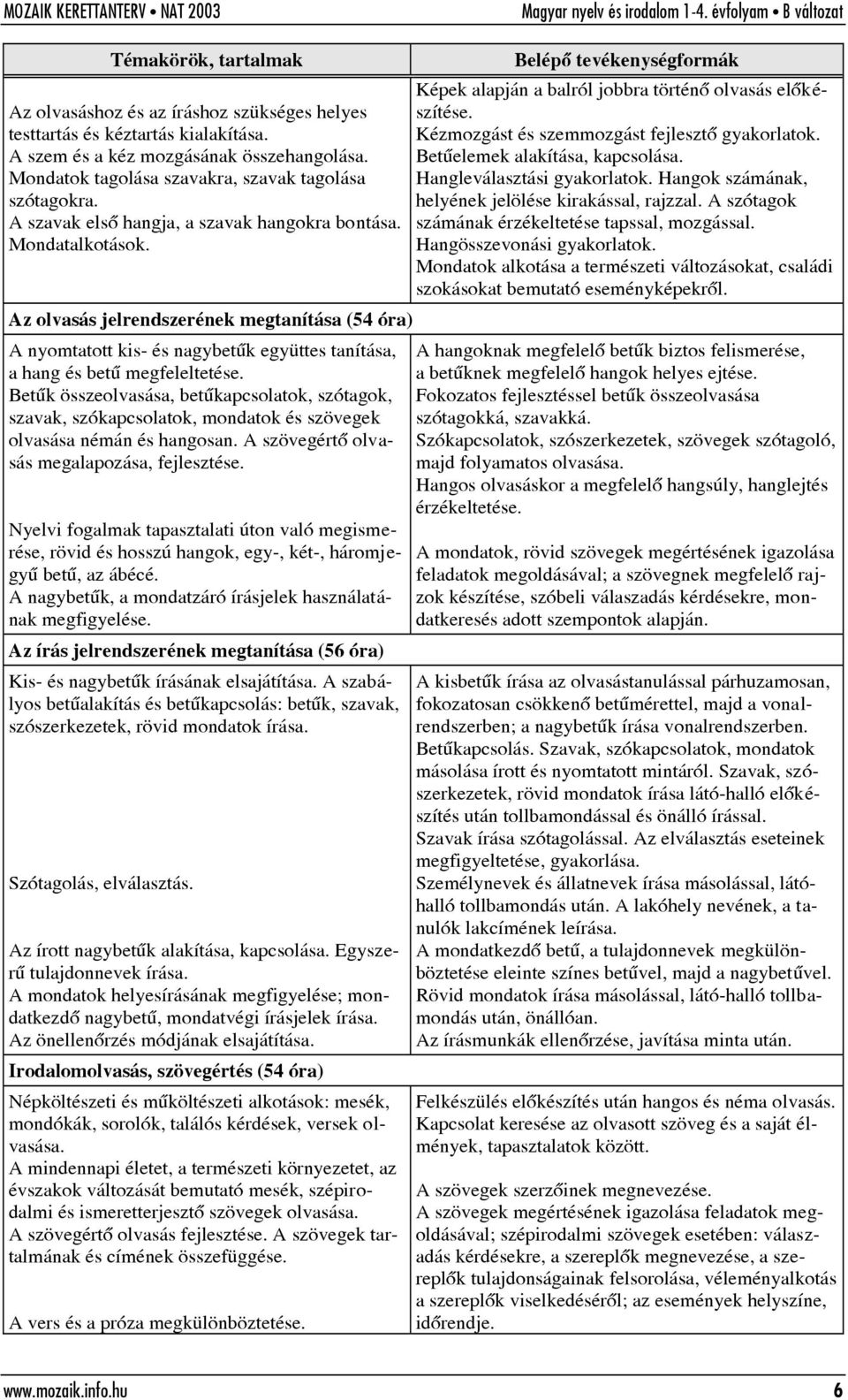 Betûk összeolvasása, betûkapcsolatok, szótagok, szavak, szókapcsolatok, mondatok és szövegek olvasása némán és hangosan. A szövegértõ olvasás megalapozása, fejlesztése.