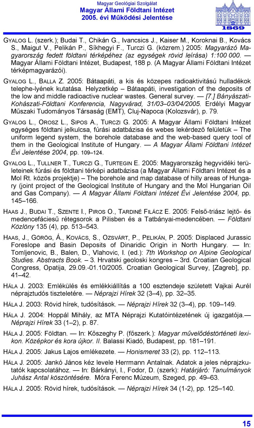 2005: Bátaapáti, a kis és közepes radioaktivitású hulladékok telephe-lyének kutatása. Helyzetkép Bátaapáti, investigation of the deposits of the low and middle radioactive nuclear wastes.