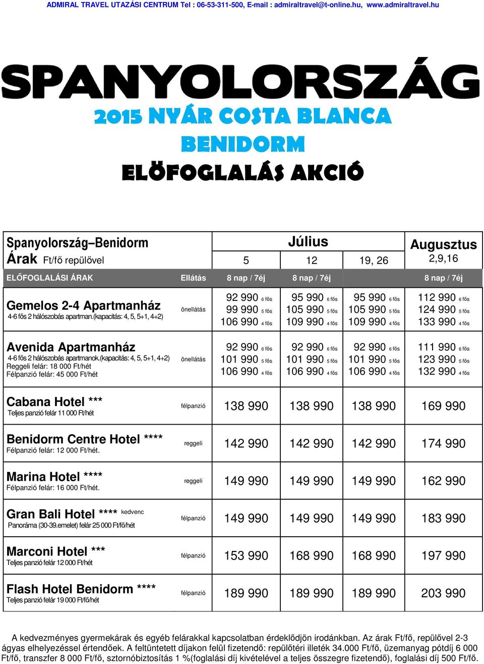 (kapacitás: 4, 5, 5+1, 4+2) önellátás 99 990 5 fős 95 990 6 fős 105 990 5 fős 109 990 4 fős 95 990 6 fős 105 990 5 fős 109 990 4 fős 112 990 6 fős 124 990 5 fős 133 990 4 fős Avenida Apartmanház 4-6