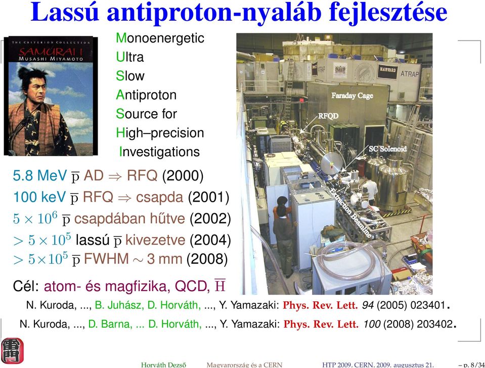 8 MeV p AD RFQ (2000) 100 kev p RFQ csapda (2001) 5 10 6 p csapdában hűtve (2002) > 5 10 5 lassú p kivezetve (2004) > 5 10 5 p FWHM 3 mm