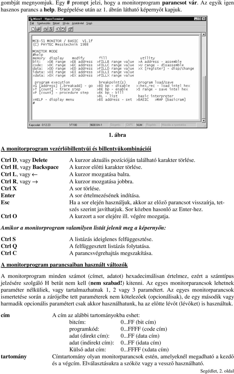 ábra A monitorprogram vezérlőbillentyűi és billentyűkombinációi Ctrl D, vagy Delete Ctrl H, vagy Backspace Ctrl L, vagy Ctrl R, vagy Ctrl X Enter Esc Ctrl O A kurzor aktuális pozícióján található