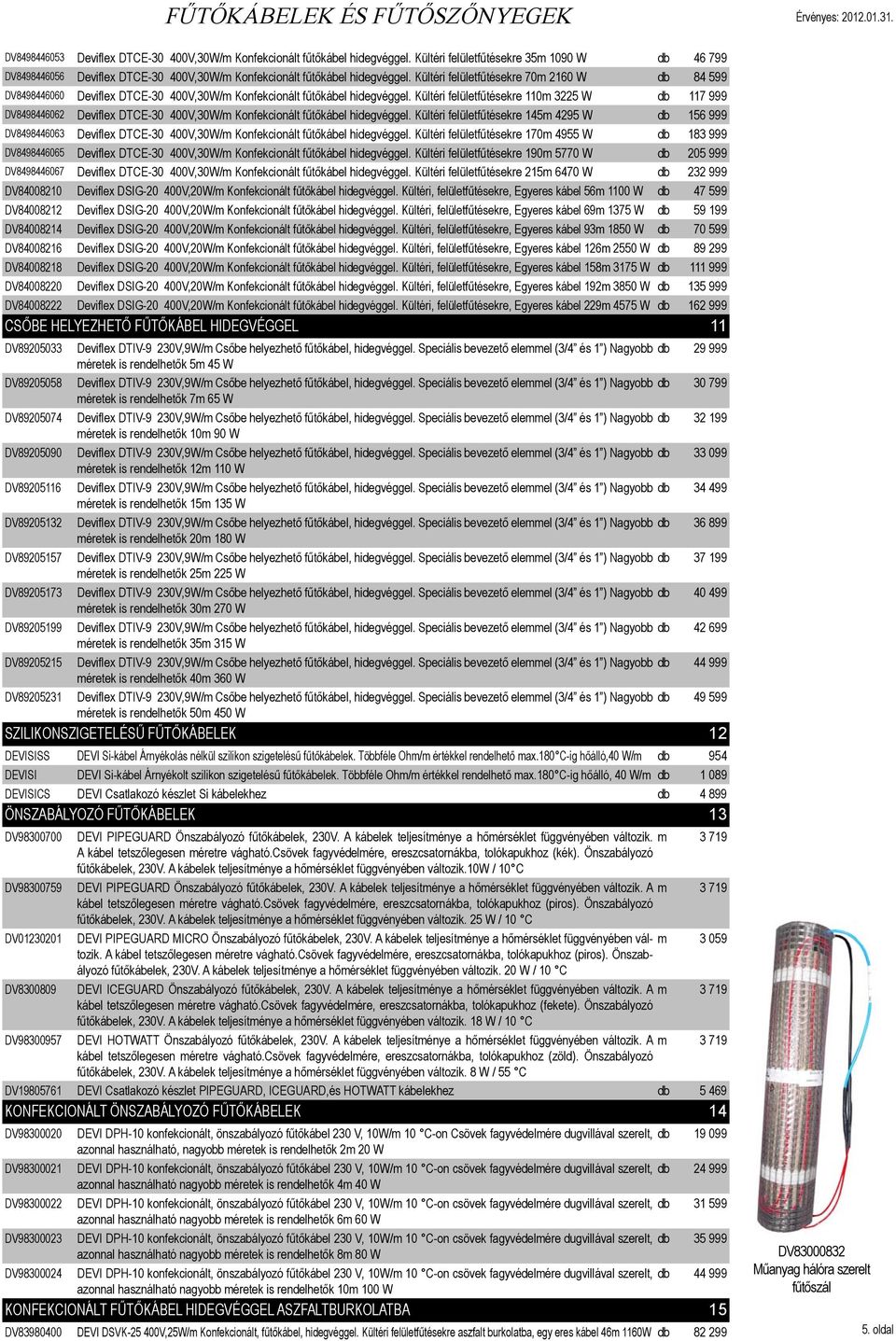 Kültéri felületfűtésekre 70m 2160 W db 84 599 DV8498446060 Deviflex DTCE-30 400V,30W/m Konfekcionált fűtőkábel hidegvéggel.