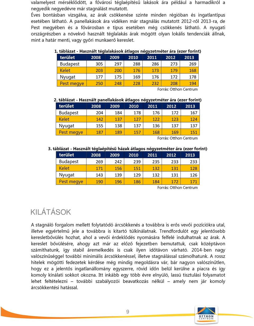 A panellakások ára vidéken már stagnálás mutatott 2012-ről 2013-ra, de Pest megyében és a fővárosban e típus esetében még csökkenés látható.